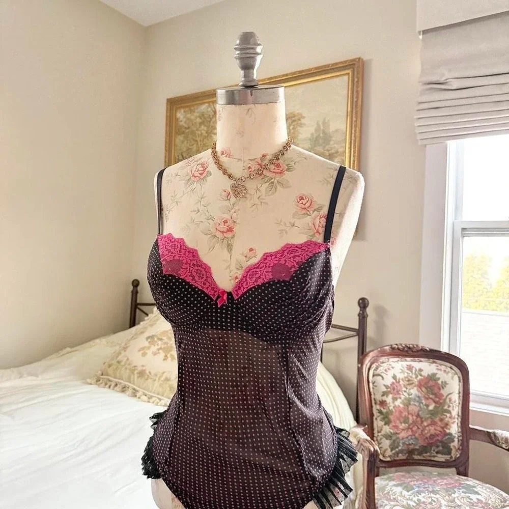Y2K ambrielle black pink polka dot lace‎ bodysuit size large